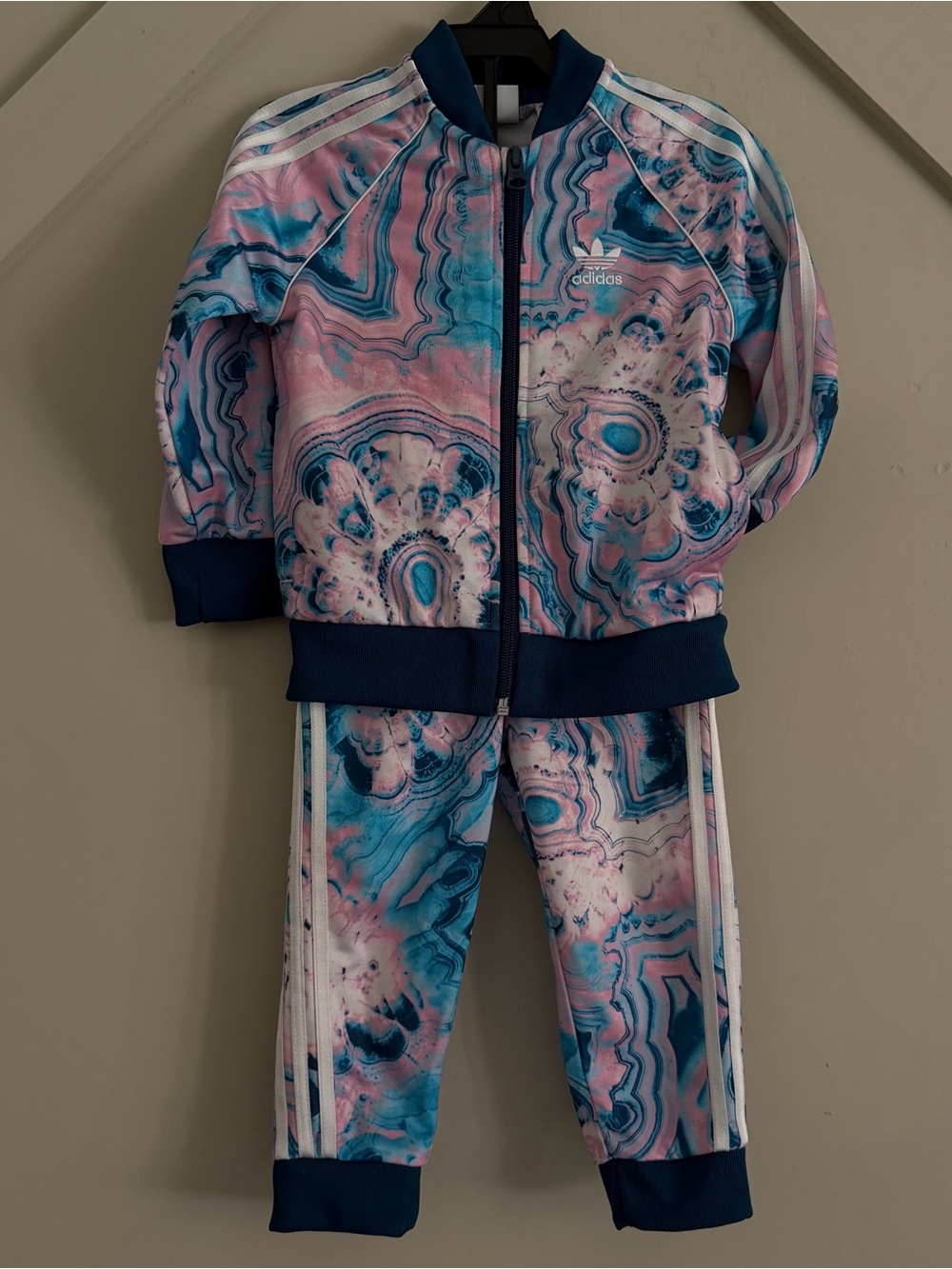 Girls Adidas Marble Pink and Teal Tracksuit